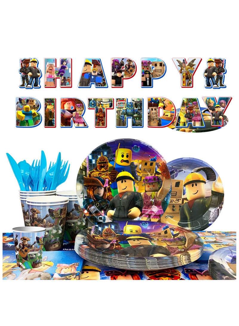 Roblox Birthday Party Decorations for 16 Guests, 114pcs Roblox Party Tableware Set Include Creative Gaming Tablecloth Banner Plates Napkins Cups for a Blocky, Roblox Party Decoration Supplies - Image 1